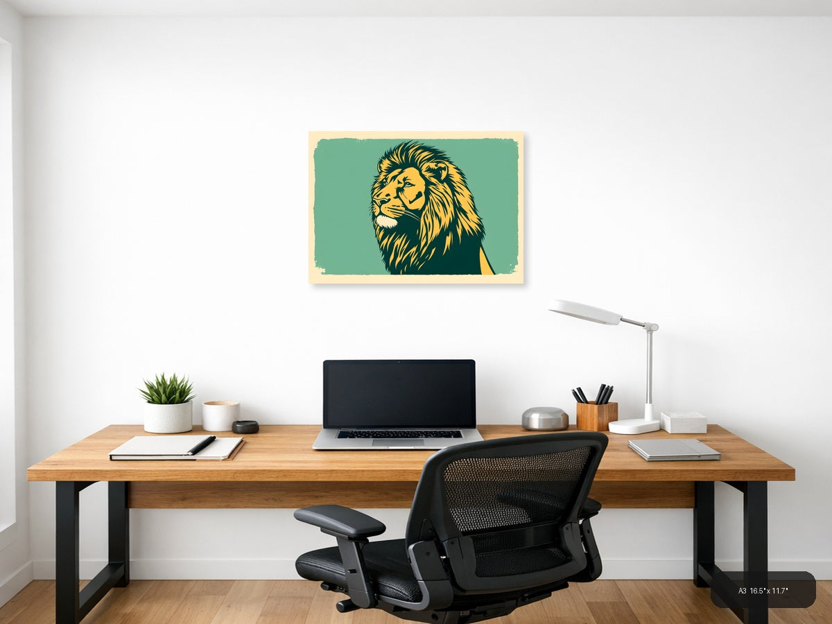 Vintage Lion Head Portrait Teal Yellow Wall Art — A3 / Office