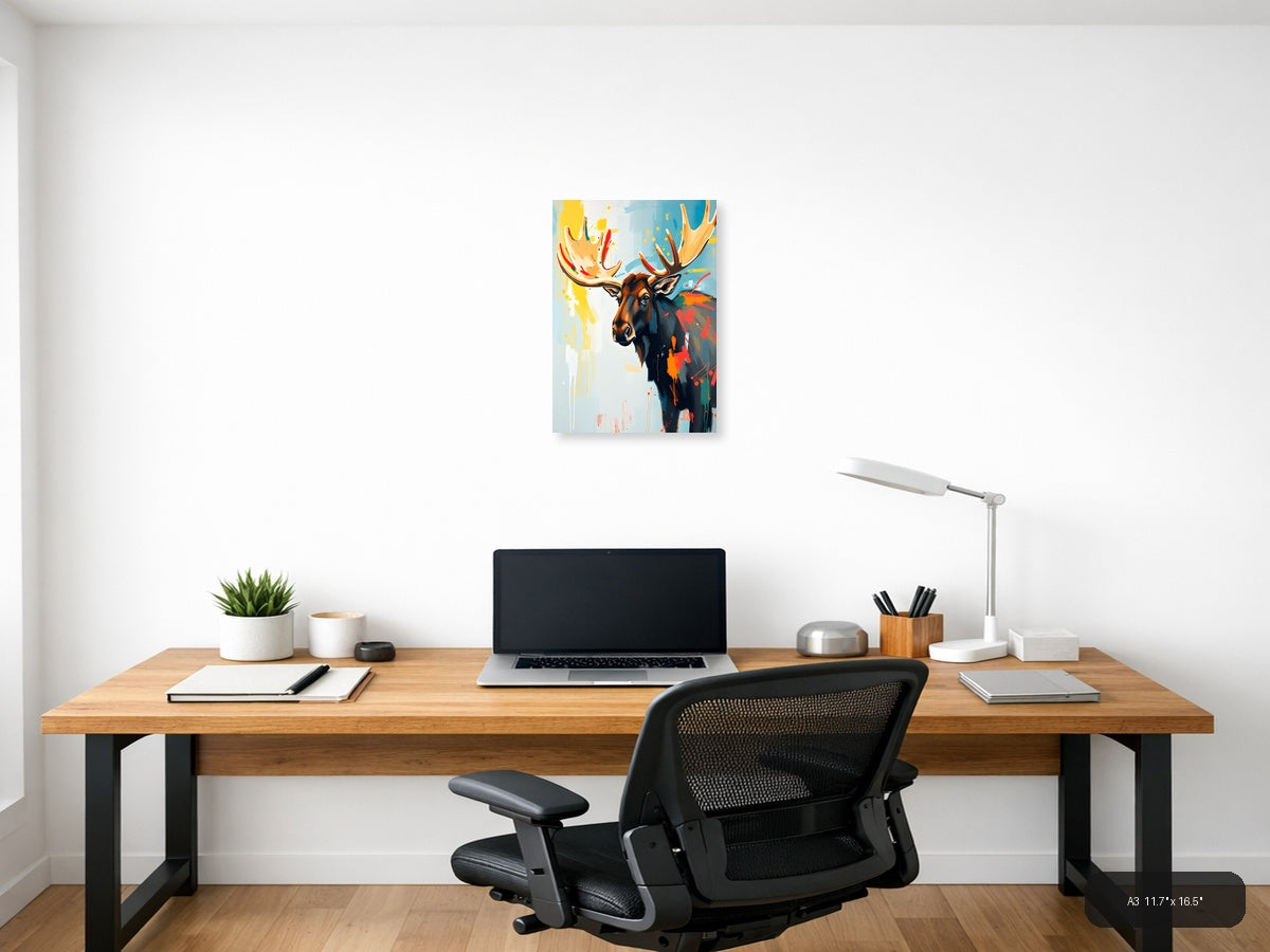 Abstract Moose Head Colorful Splash Portrait Wall Art — A3 / Office