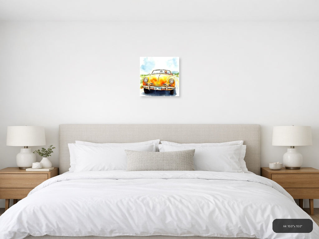Yellow Convertible Car Watercolor Painting Wall Art — A4 / Bedroom