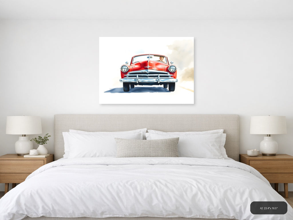 Red Classic Convertible Watercolor Wall Art — A2 / Bedroom