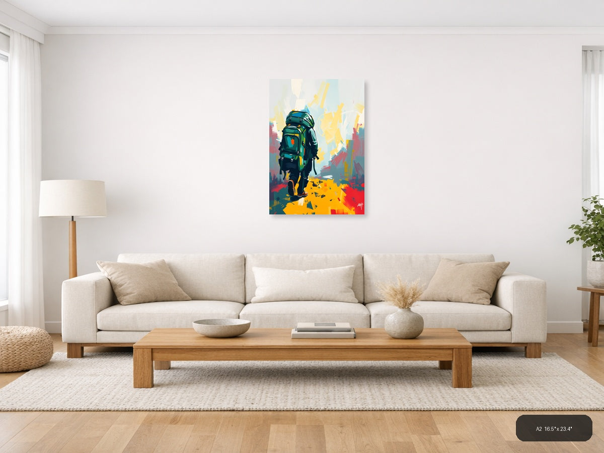 Abstract Hiker with Green Backpack Portrait Wall Art — A2 / Living Room