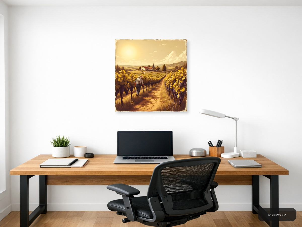 Vintage Vineyard Harvest Farmer Walking Path Wall Art — A2 / Office