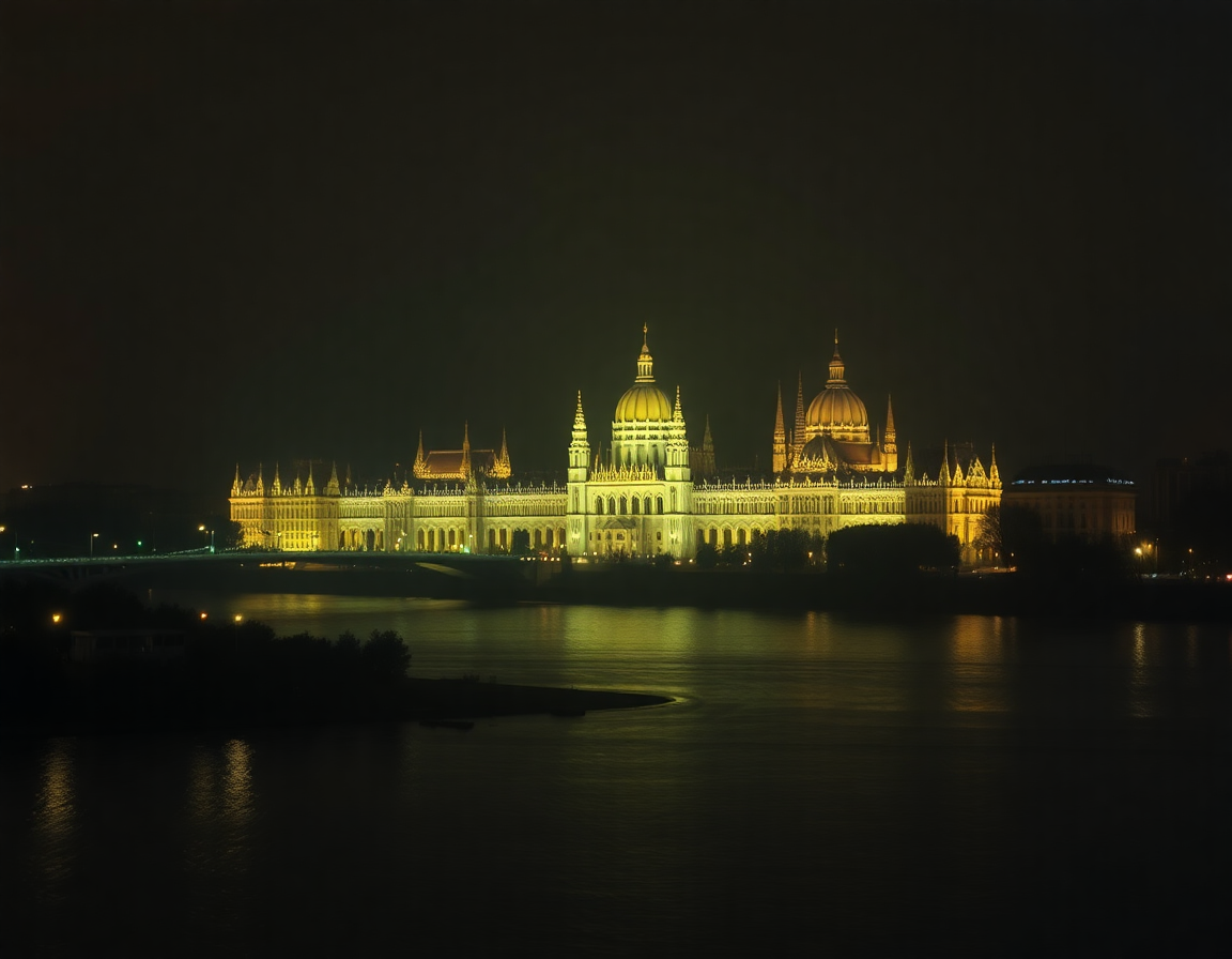 Golden Parliament Building Night Reflection | Minimalist Landscape Wall Art