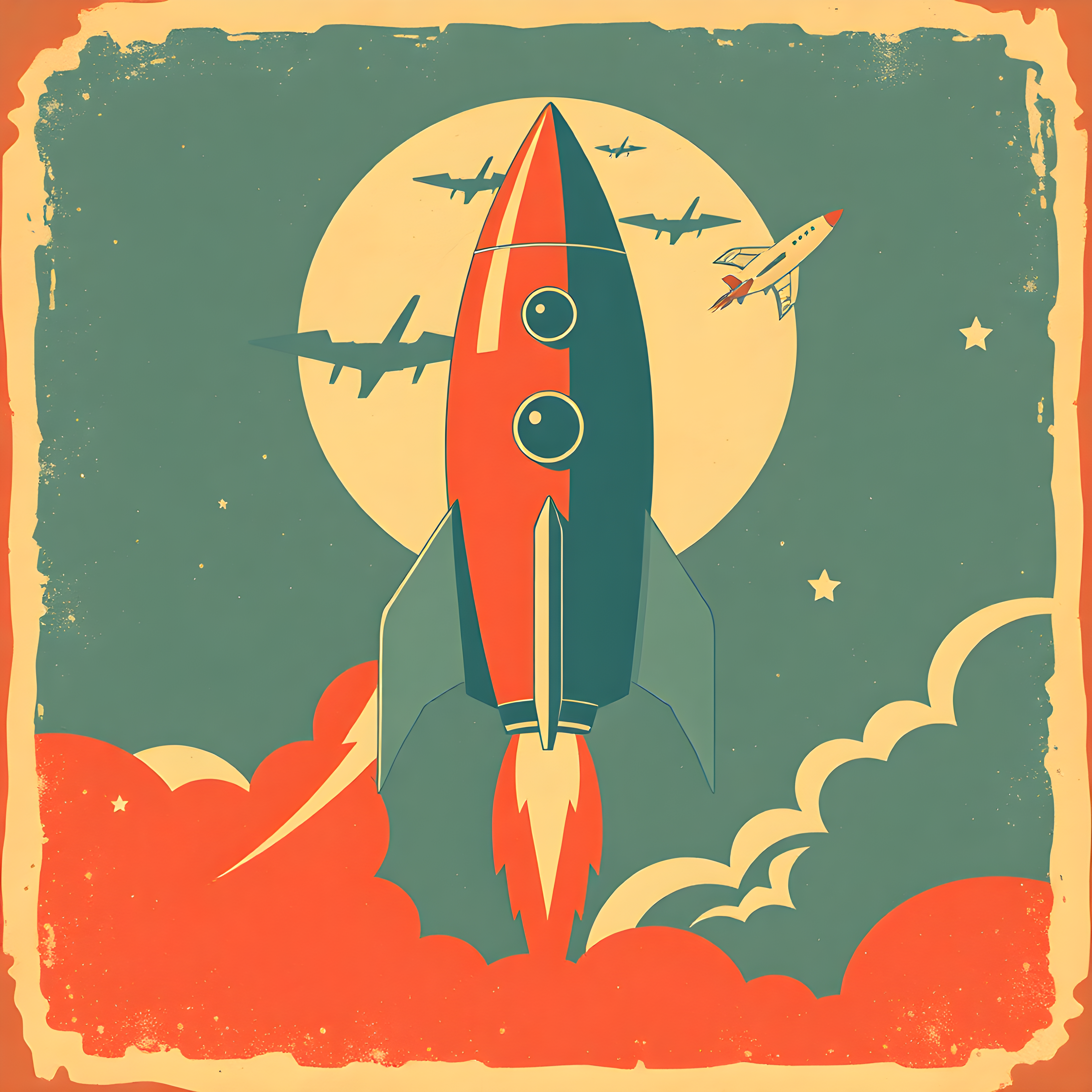 Vintage Rocket Launch Retro Space Wall Art