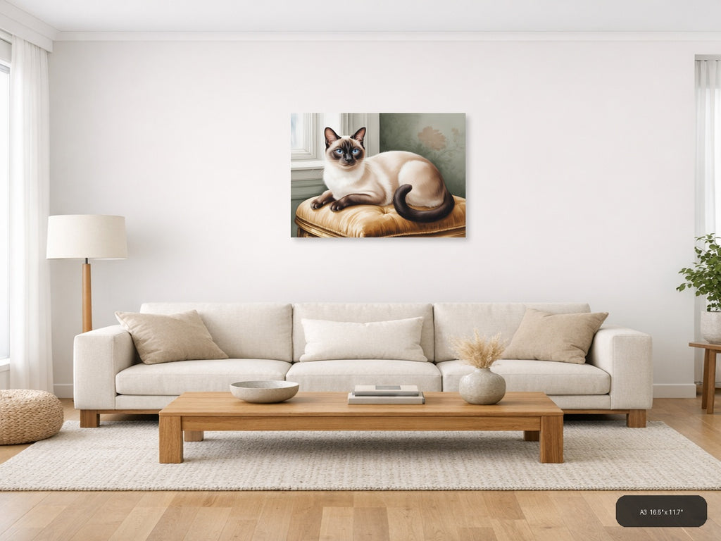 Siamese Cat on Gold Cushion Watercolor Wall Art — A3 / Living Room