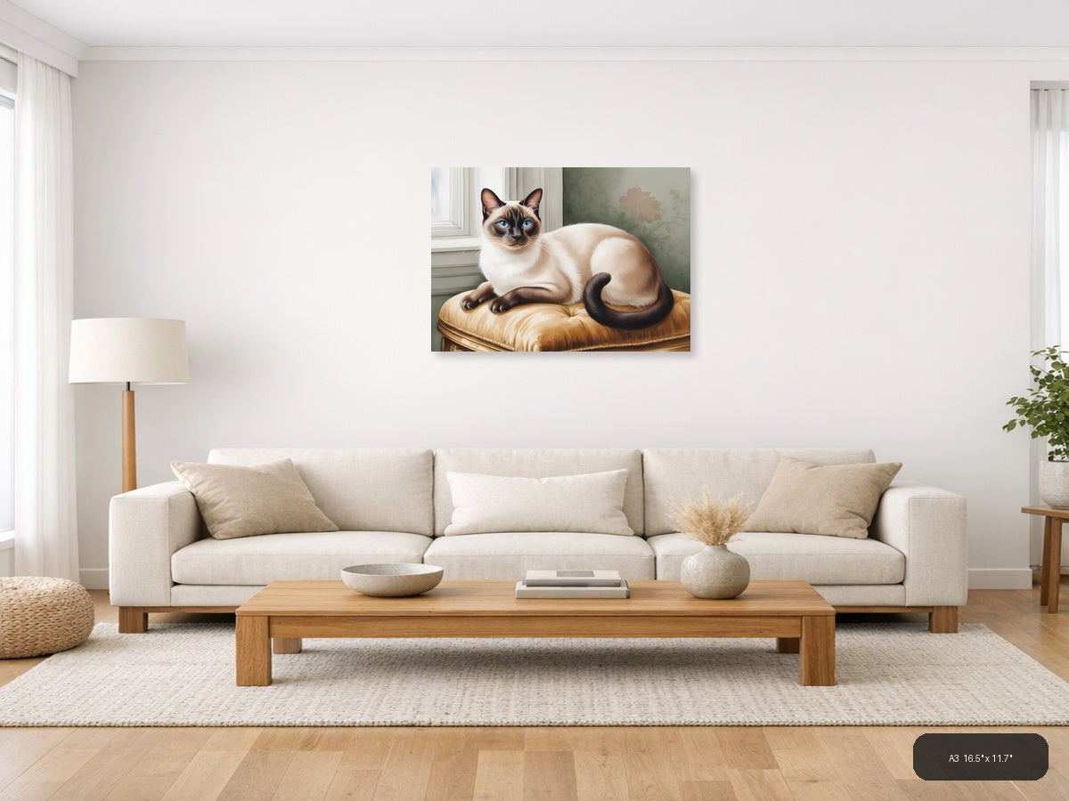 Siamese Cat on Gold Cushion Watercolor Wall Art — A3 / Living Room