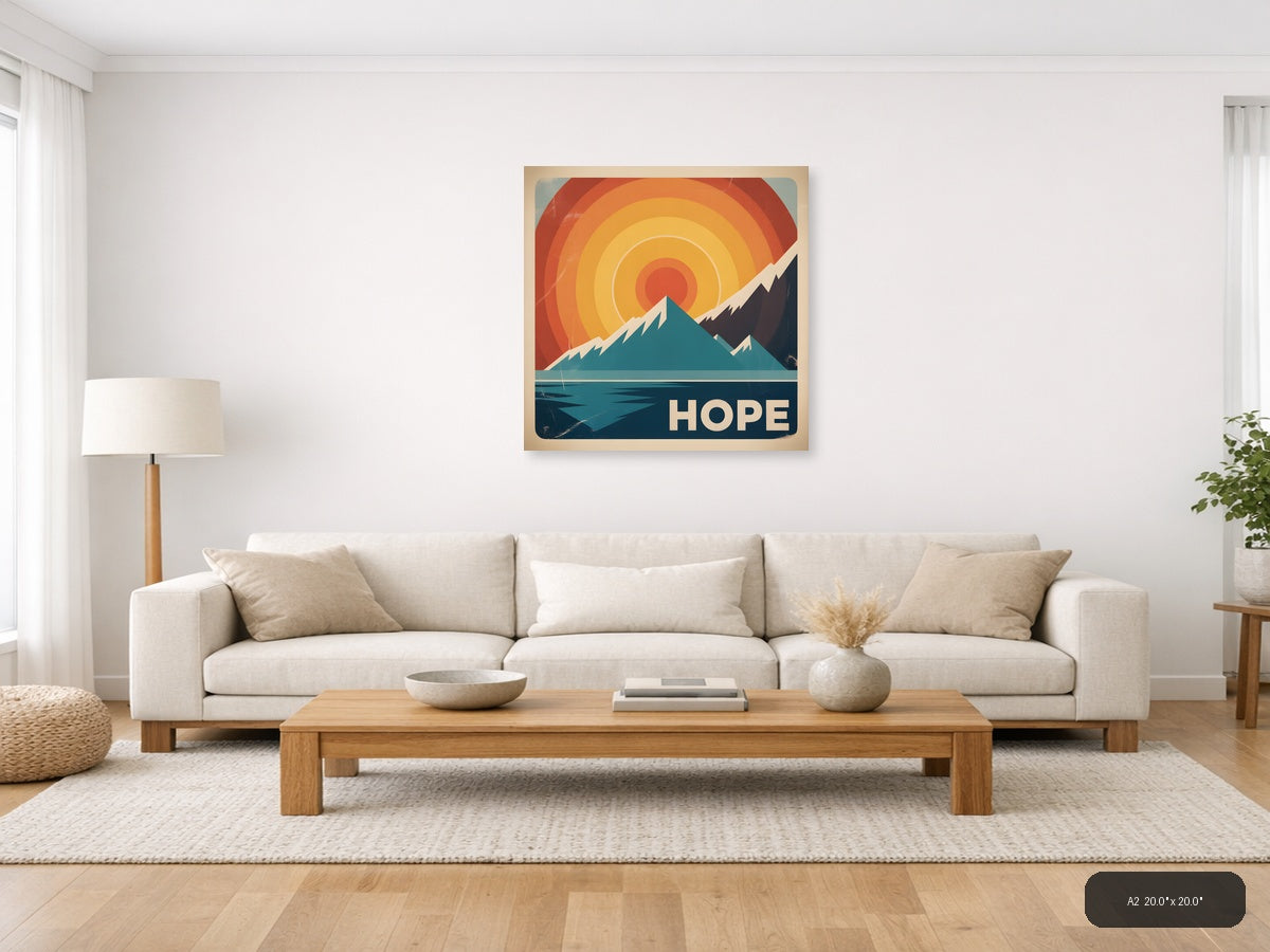 Vintage Retro Mountain Sunrise Hope Wall Art — A2 / Living Room