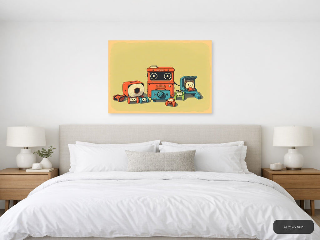 Vintage Robot Toys & Cameras Illustration Wall Art — A2 / Bedroom
