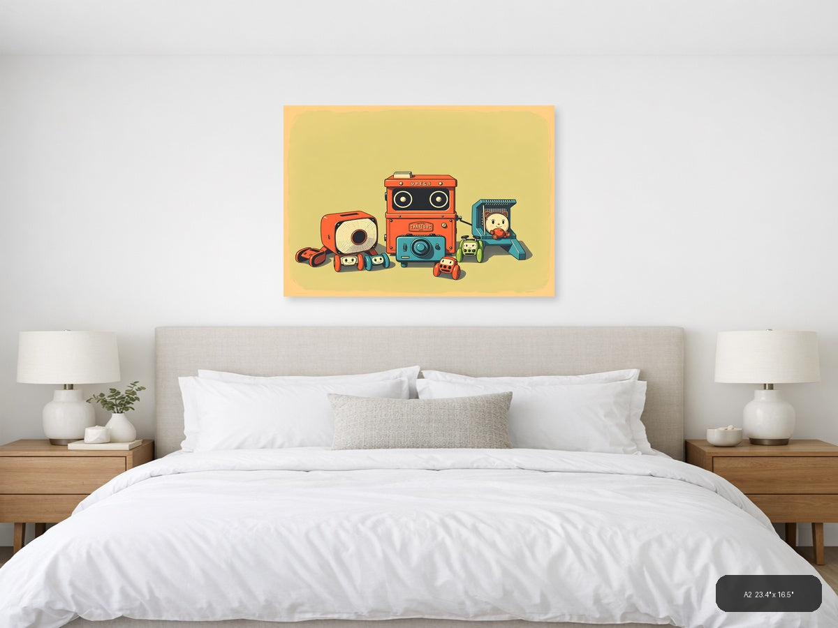 Vintage Robot Toys & Cameras Illustration Wall Art — A2 / Bedroom