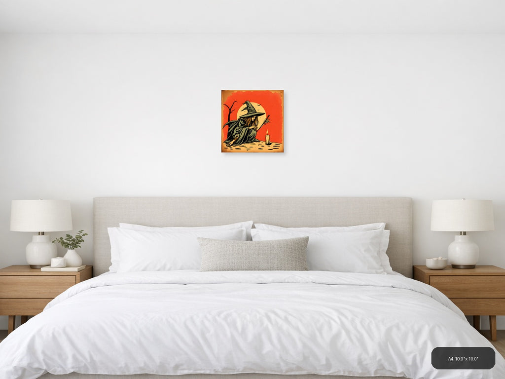 Vintage Witch with Broomstick Moon Wall Art — A4 / Bedroom