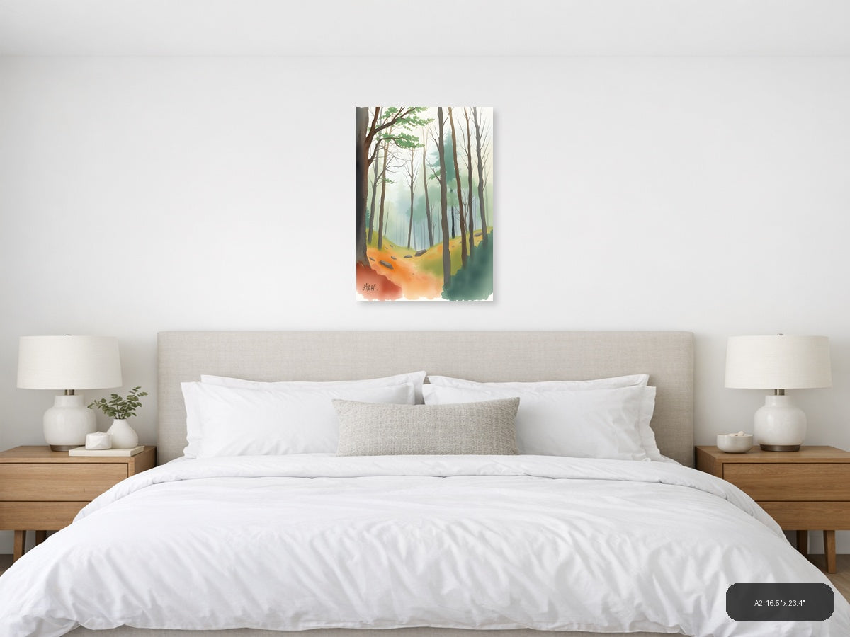 Misty Forest Path Watercolor Wall Art — A2 / Bedroom