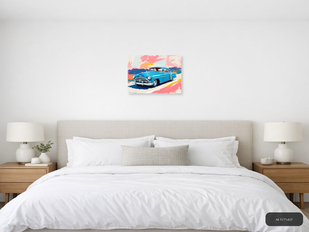 Blue Vintage Car Abstract Brushstrokes Wall Art — A4 / Bedroom