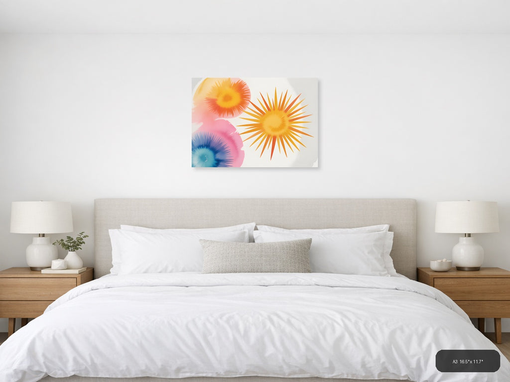 Watercolor Sunburst Flowers Abstract Wall Art — A3 / Bedroom