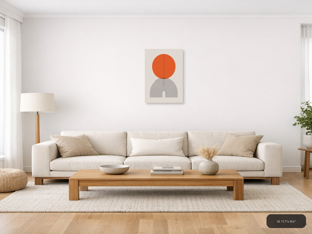 Orange Circle with Line Art Arch Minimalist Wall Art — A3 / Living Room
