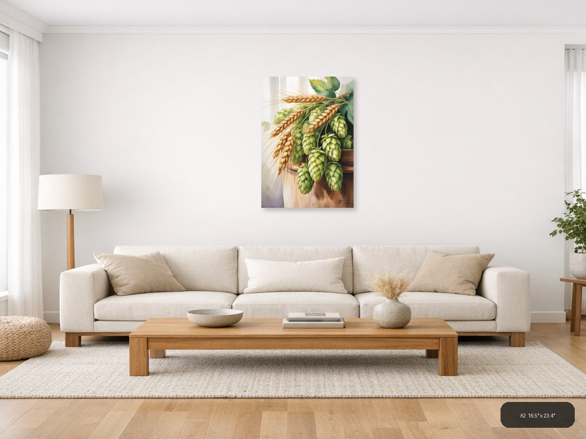 Wheat and Hops Watercolor Botanical Wall Art — A2 / Living Room