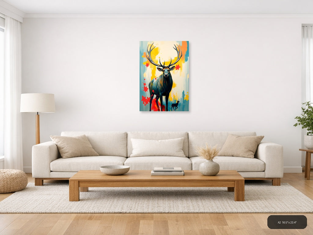 Abstract Deer with Antlers - Modern Yellow & Red Wall Art — A2 / Living Room