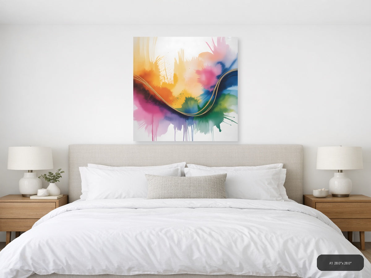 Colorful Watercolor Abstract Wave with Gold Line Wall Art — A1 / Bedroom