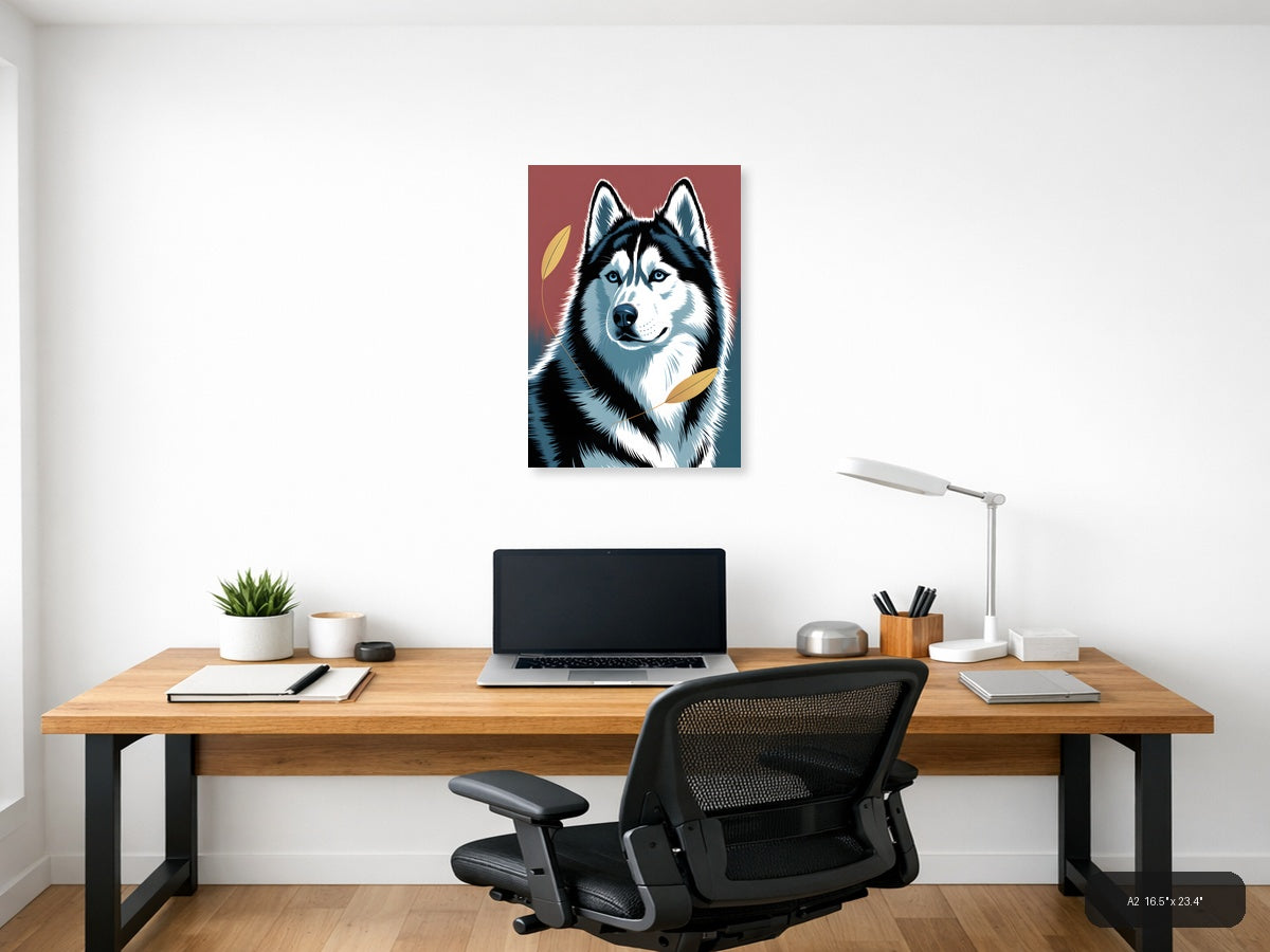 Black and White Husky Portrait with Gold Leaves Wall Art — A2 / Office
