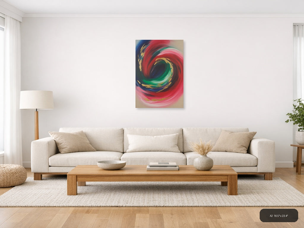 Red & Green Spiral Abstract with Gold Accents Wall Art — A2 / Living Room