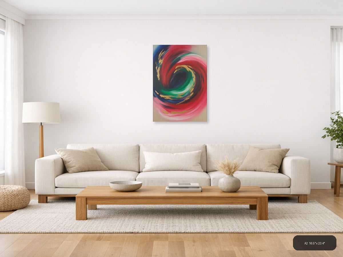 Abstract Swirl Red Green Gold Modern Wall Art — A2 / Living Room