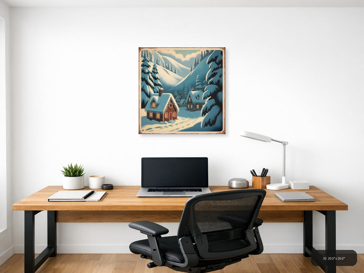 Vintage Gingerbread House Winter Mountain Scene Wall Art — A2 / Office