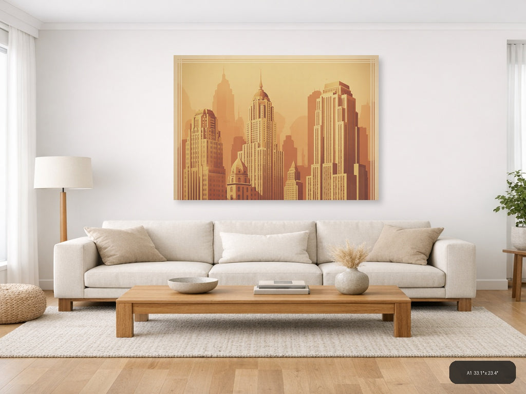 Vintage Art Deco Skyline - Golden City Towers Wall Art — A1 / Living Room