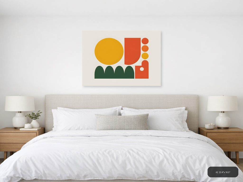 Minimalist Cactus & Geometric Shapes Landscape Wall Art — A2 / Bedroom