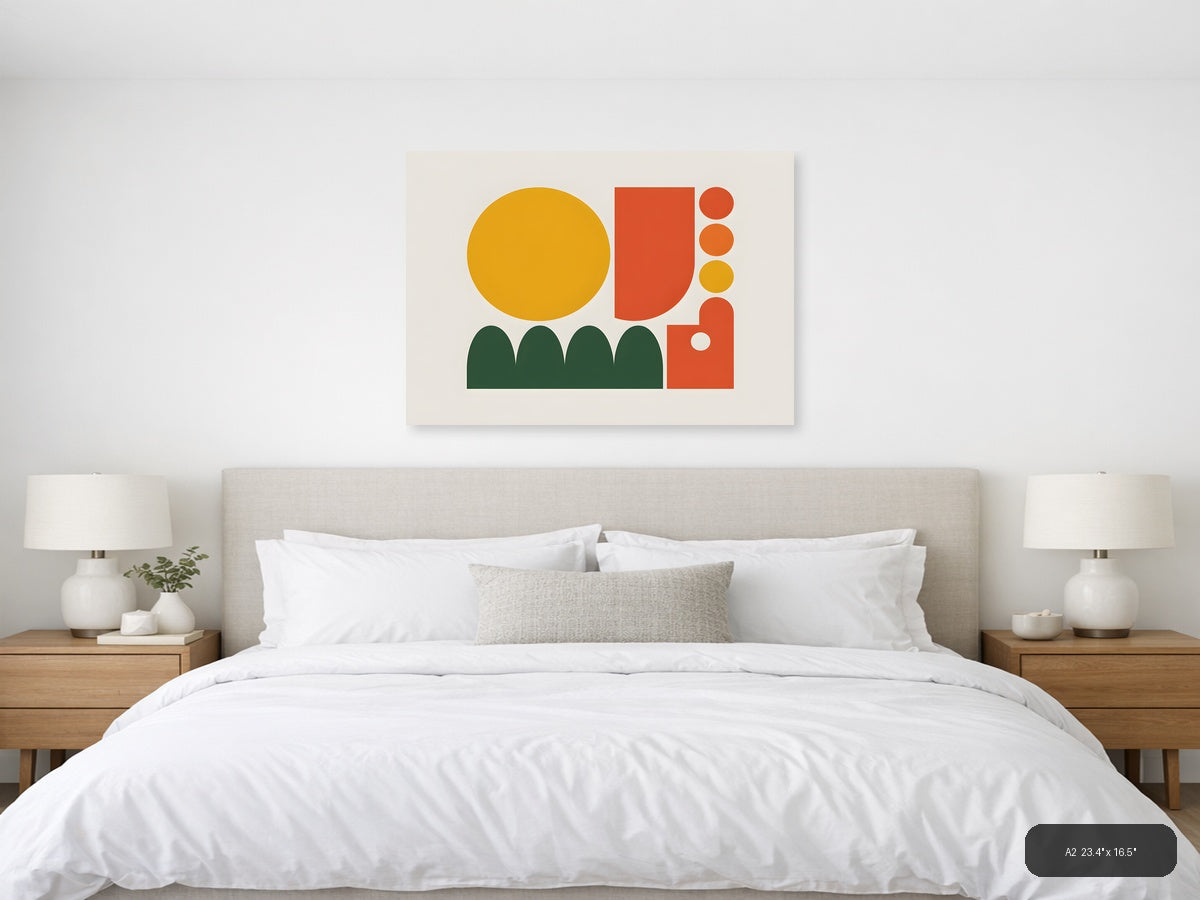 Minimalist Cactus & Geometric Shapes Landscape Wall Art — A2 / Bedroom