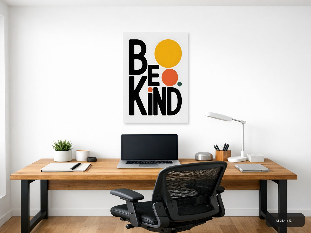 Be Kind Minimalist Typography with Geometric Circles Wall Art — A1 / Office