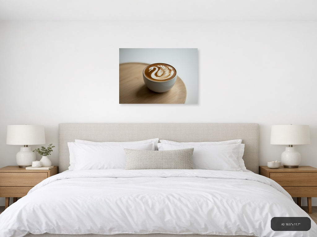 Minimalist Swan Latte Art Coffee Wall Art — A3 / Bedroom