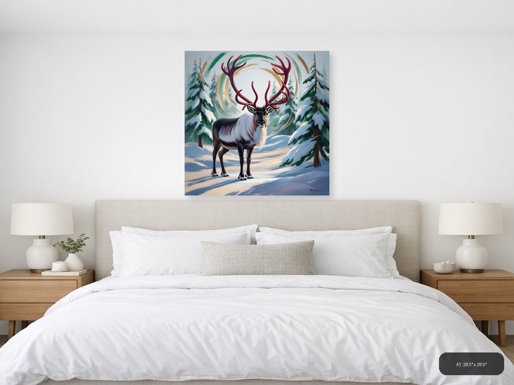 Majestic Reindeer with Swirling Aurora Winter Wall Art — A1 / Bedroom