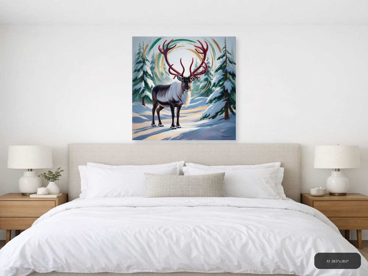 Majestic Reindeer with Swirling Aurora Winter Wall Art — A1 / Bedroom