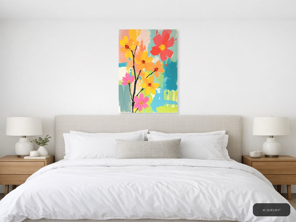 Colorful Abstract Flowers on Branch Portrait Wall Art — A1 / Bedroom