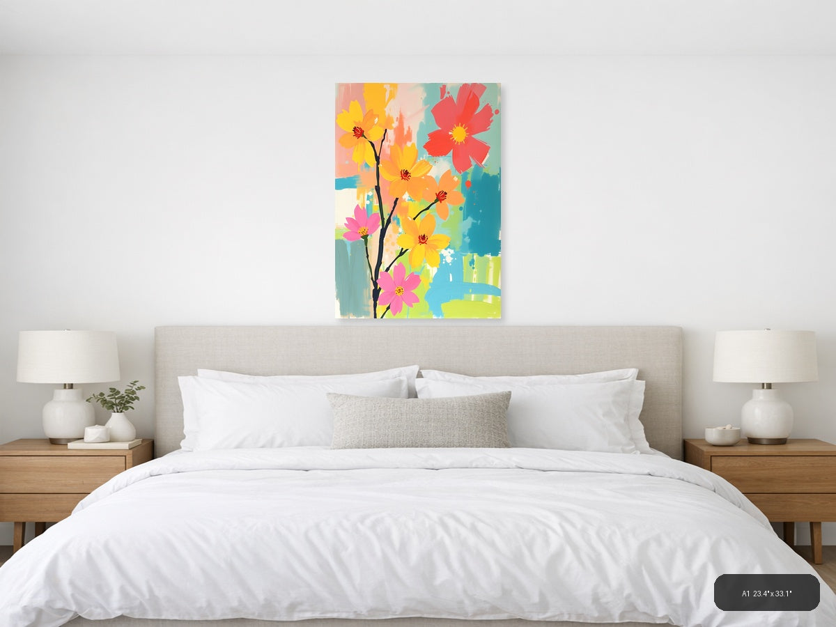 Colorful Abstract Flowers on Branch Portrait Wall Art — A1 / Bedroom