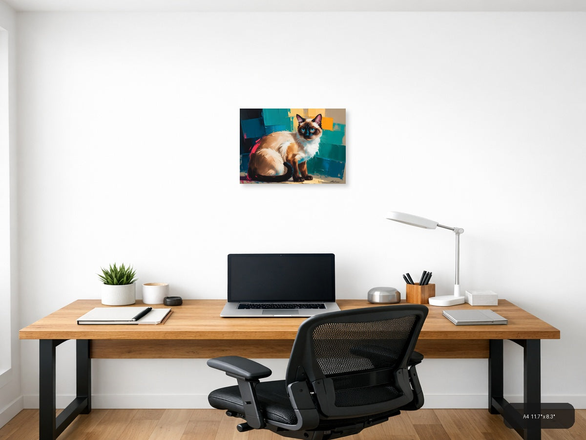 Siamese Cat with Blue Eyes Abstract Modern Wall Art — A4 / Office