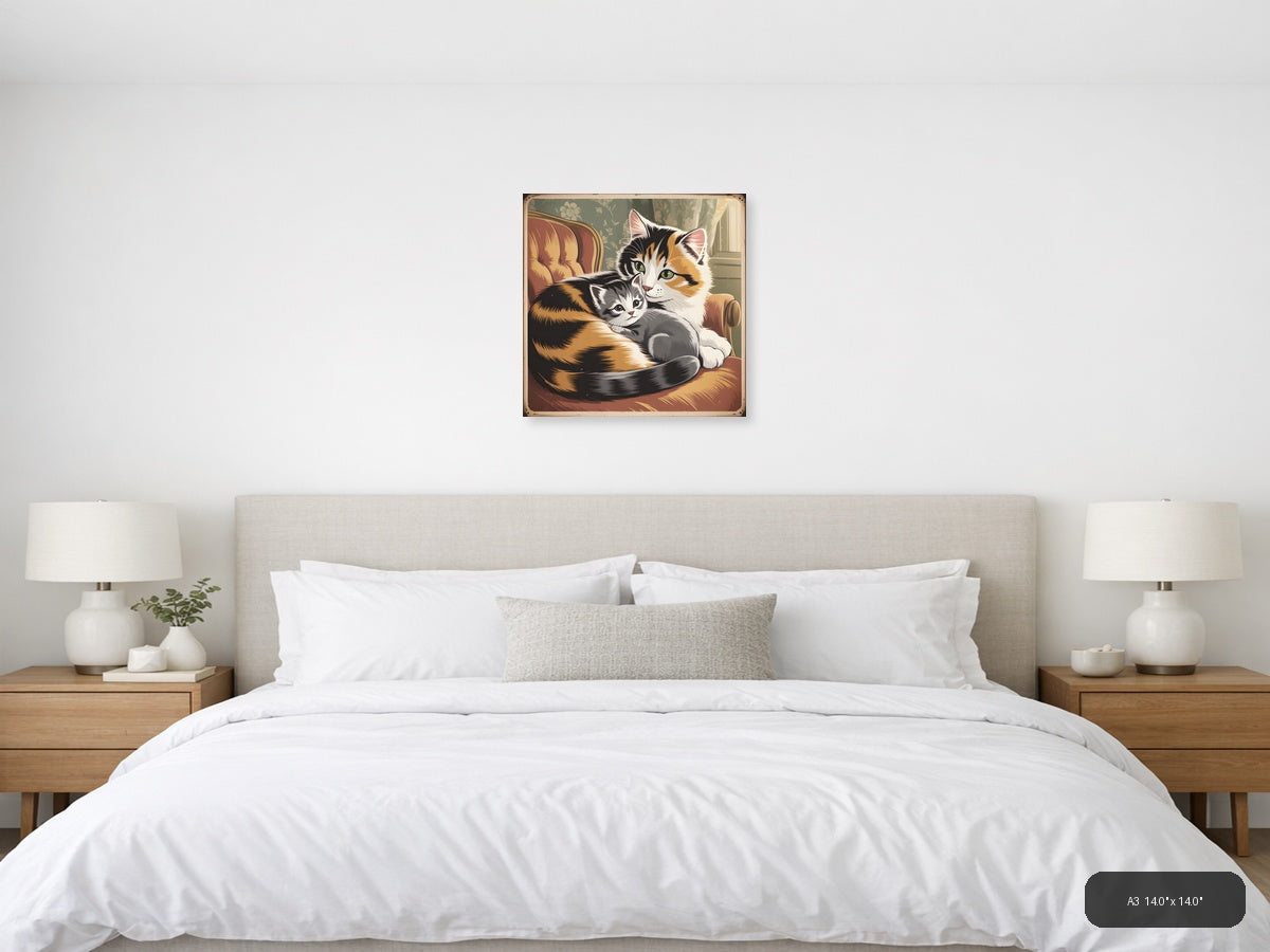 Calico Mother Cat with Kitten Vintage Wall Art — A3 / Bedroom
