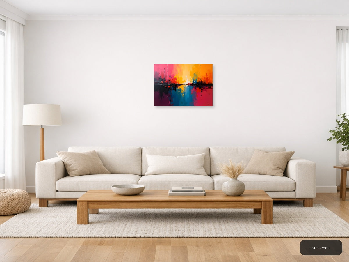 Vibrant Abstract Sunset Reflection Landscape Wall Art — A4 / Living Room