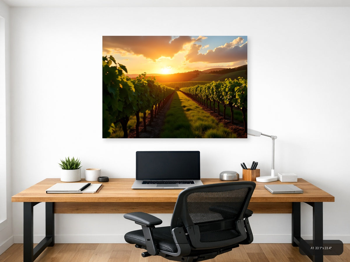 Golden Sunset Over Vineyard Rows Photography Wall Art — A1 / Office