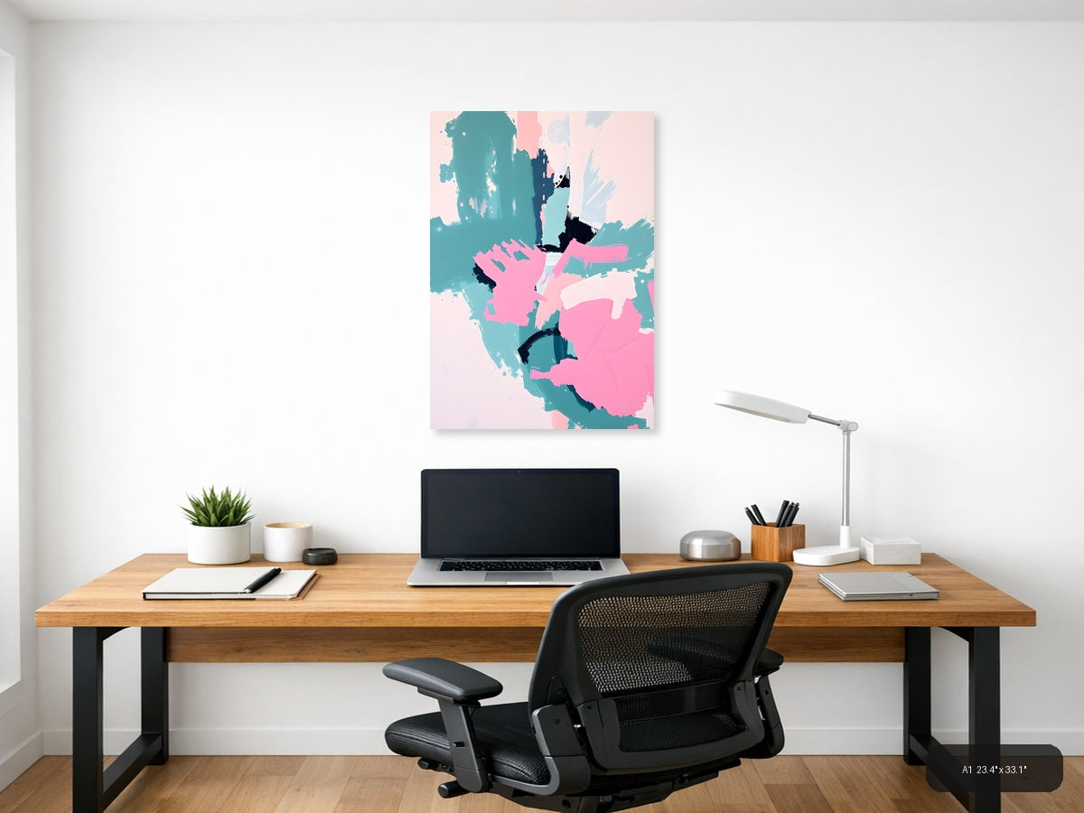 Abstract Teal Pink Black Brushstroke Map Wall Art — A1 / Office