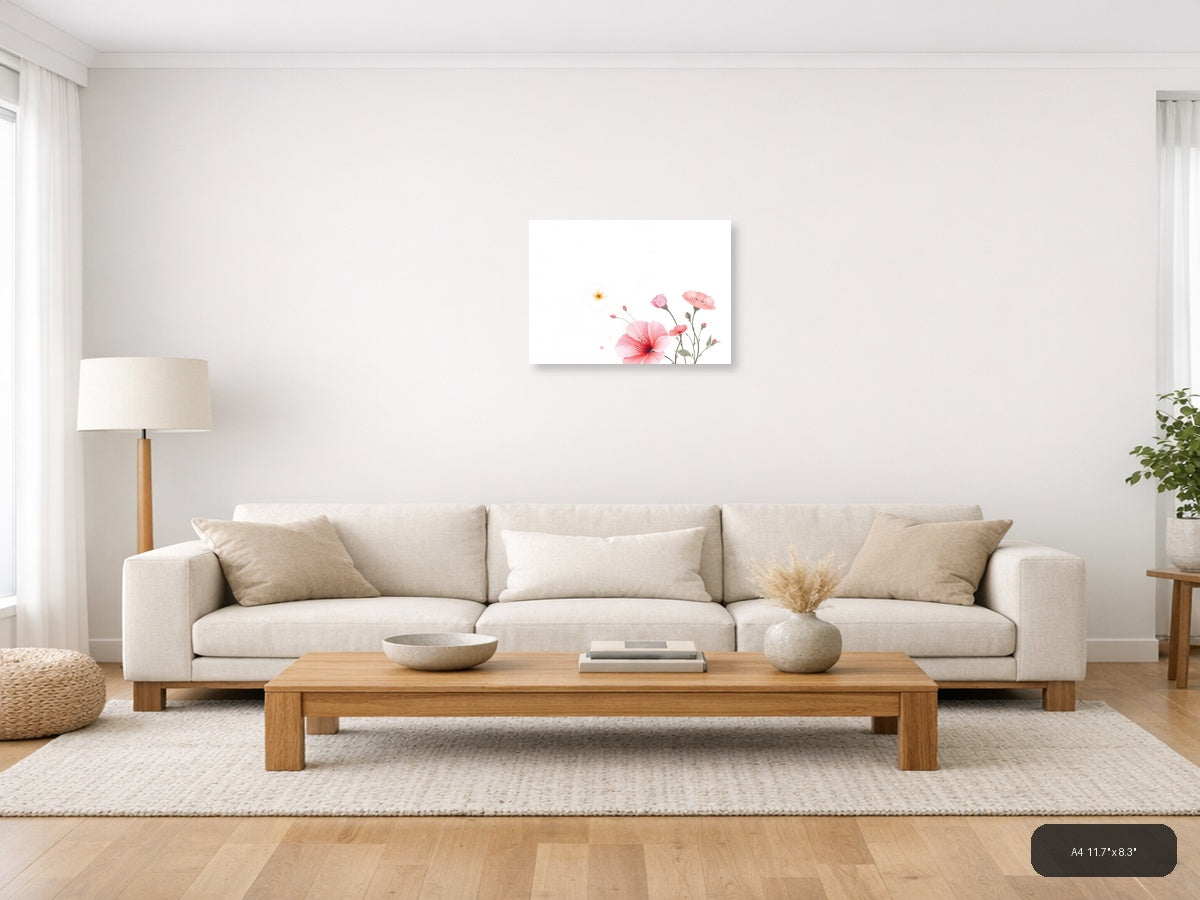 Pink Carnations & Sun Minimalist Floral Wall Art — A4 / Living Room