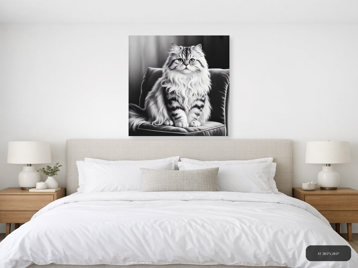 Majestic Fluffy Cat Portrait Black and White Wall Art — A1 / Bedroom
