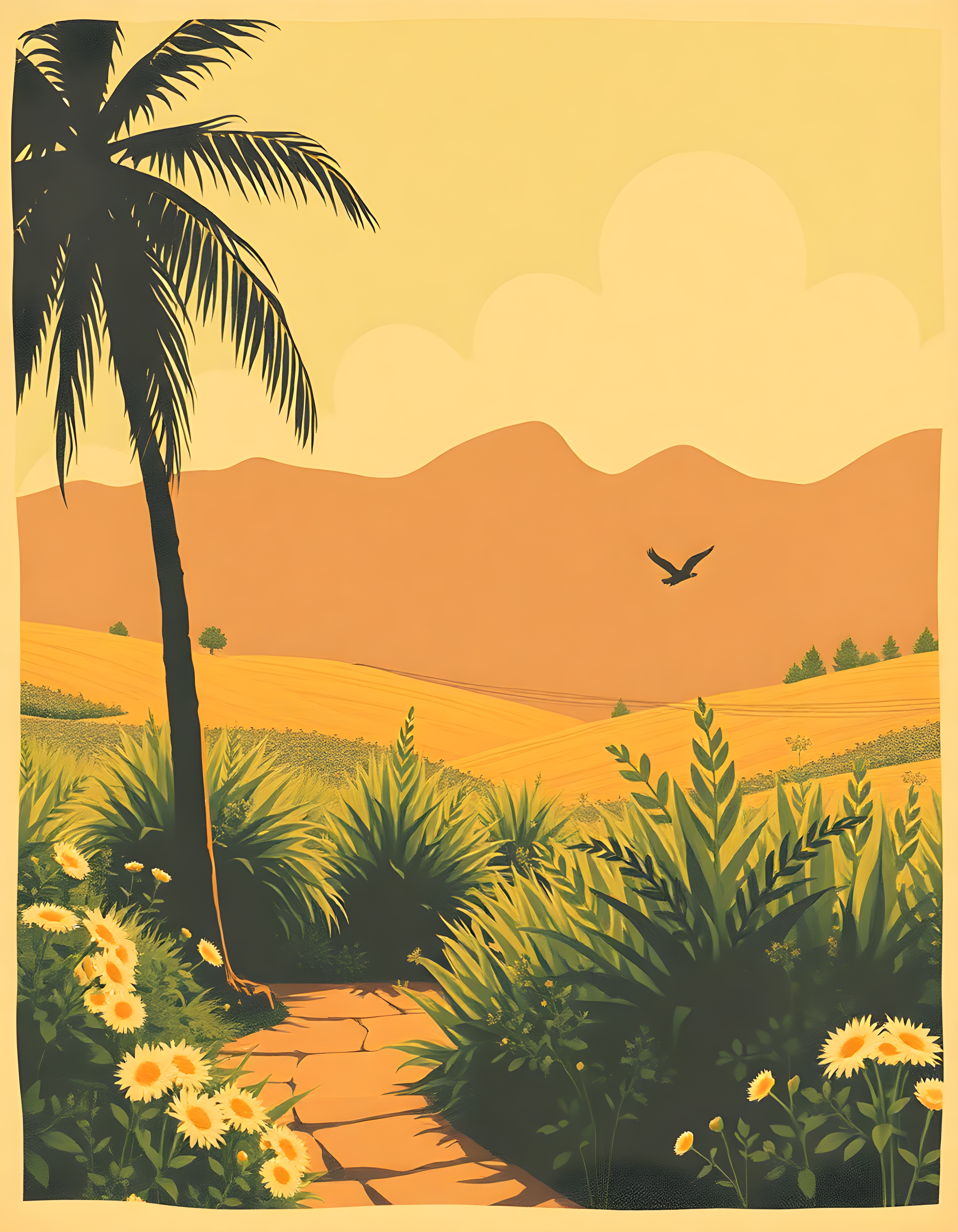 Vintage Desert Landscape with Palm Tree Wall Art