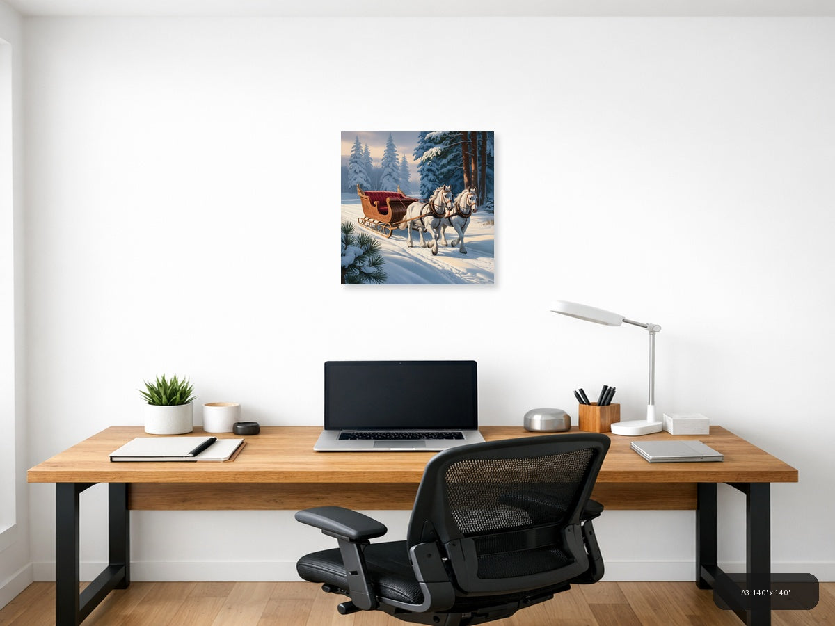 Vintage Winter Sleigh with White Horses Wall Art — A3 / Office