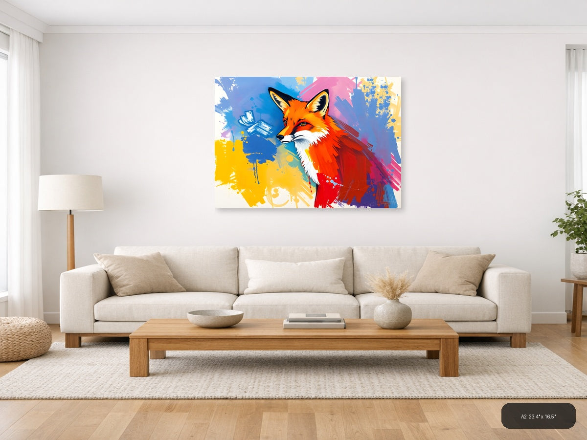 Vibrant Abstract Fox Portrait Splatter Wall Art — A2 / Living Room
