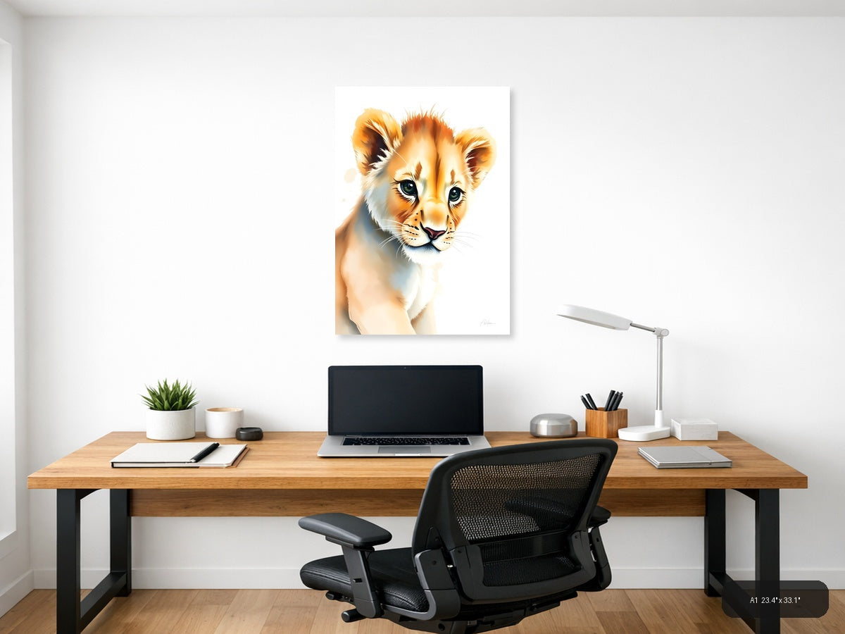 Young Lion Cub Watercolor Portrait Wall Art — A1 / Office