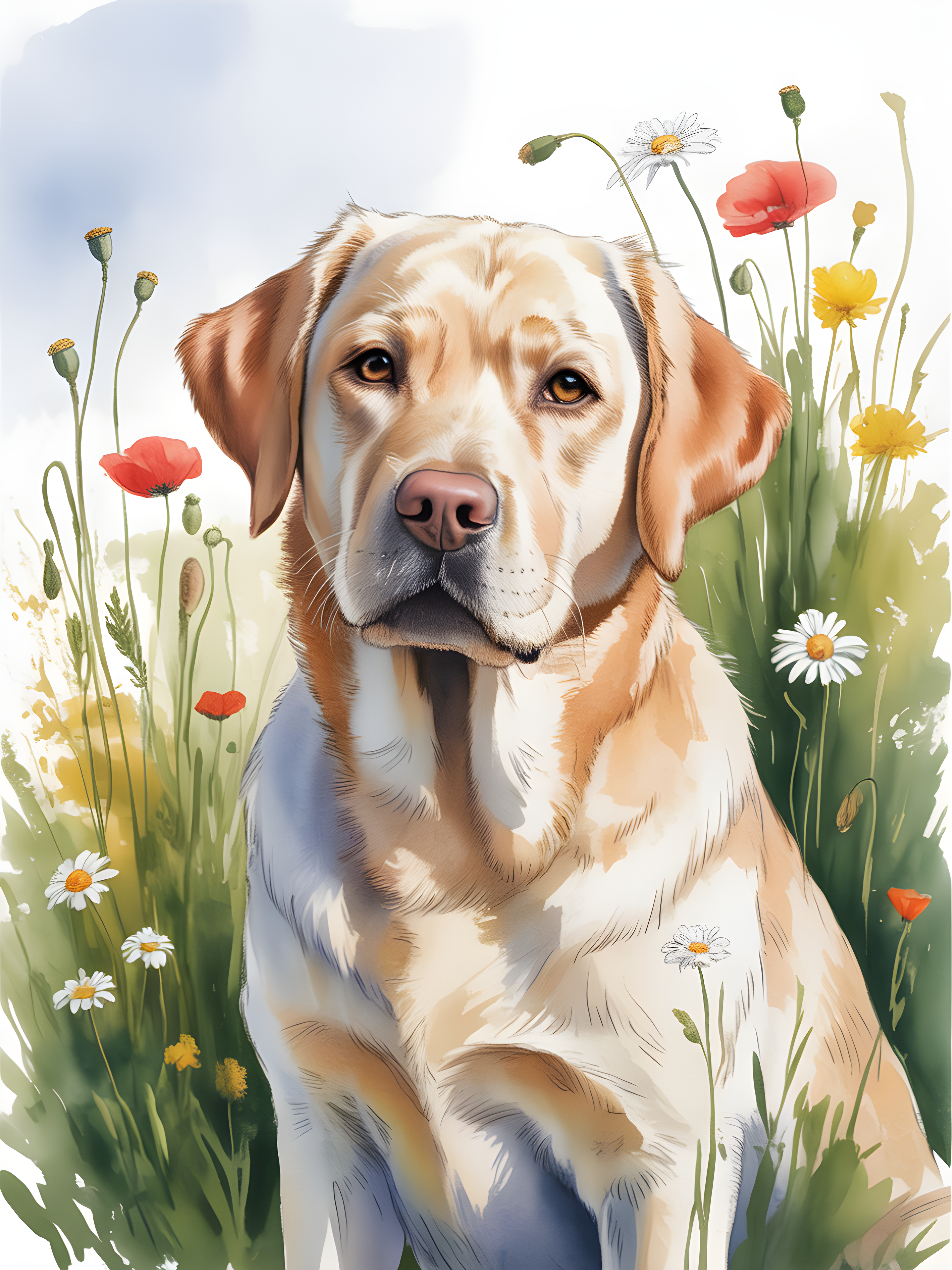 Golden Labrador in Wildflower Garden Watercolor Wall Art
