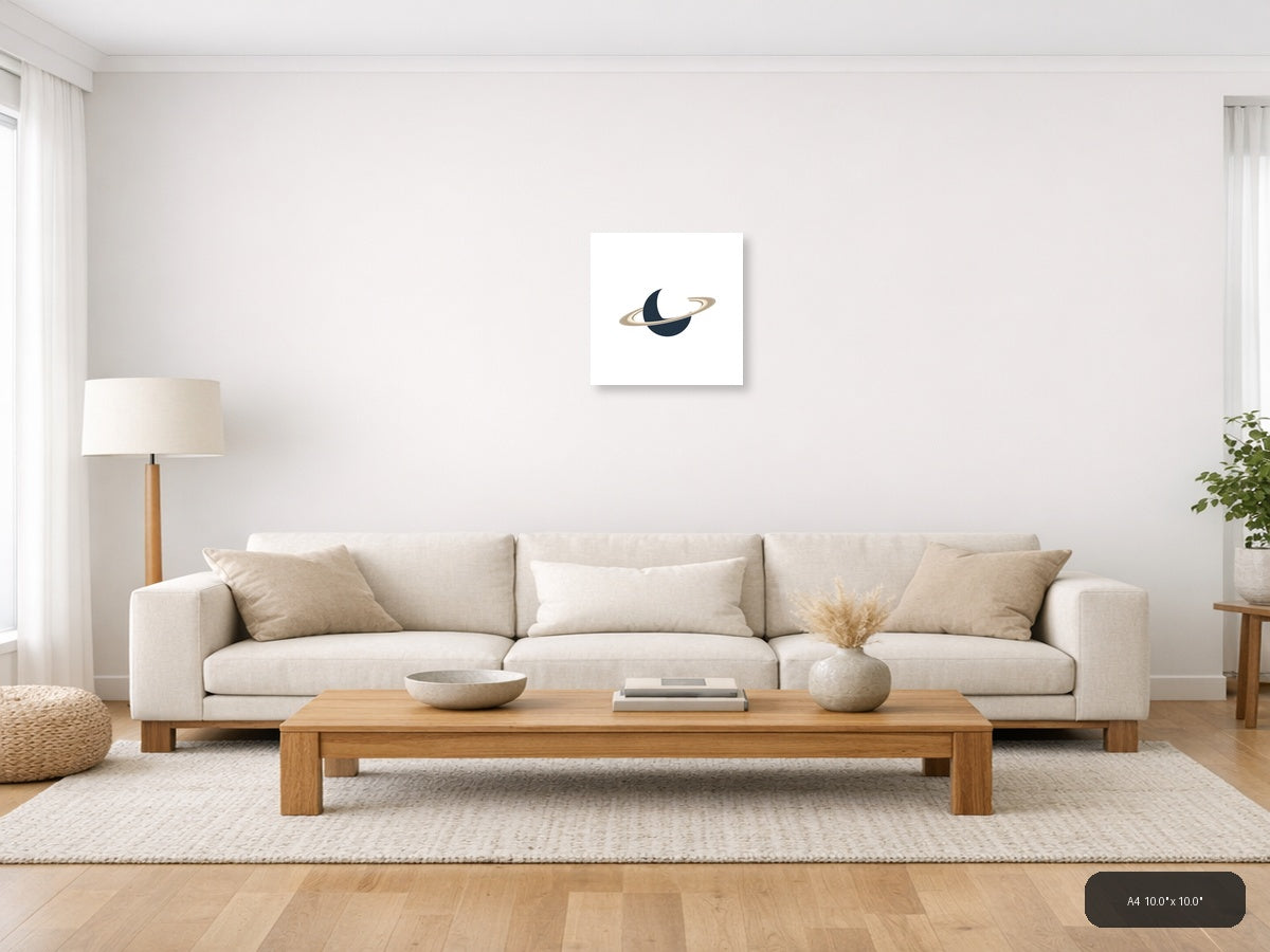 Minimalist Planet with Rings Dark Blue Wall Art — A4 / Living Room