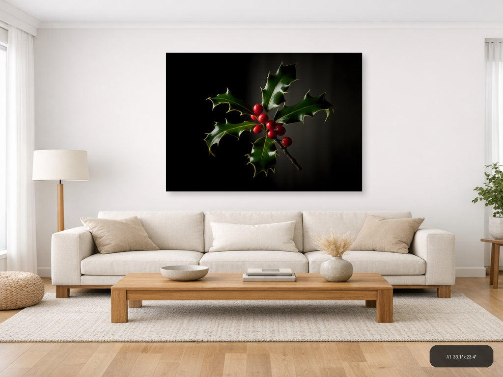 Holly Branch with Red Berries Photography Wall Art — A1 / Living Room