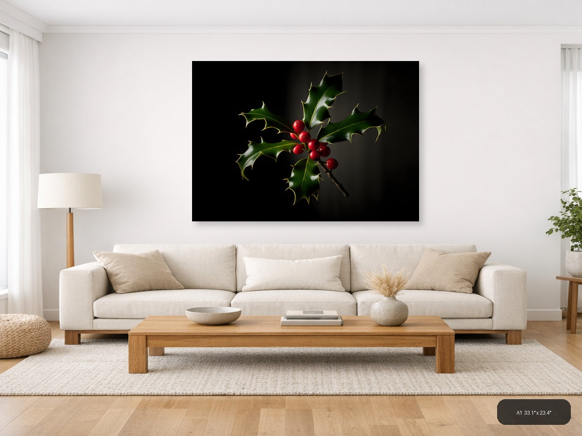 Holly Branch with Red Berries Photography Wall Art — A1 / Living Room