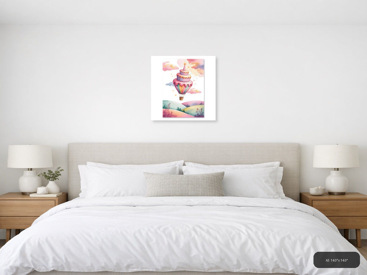 Hot Air Balloon Cake Cloud Watercolor Wall Art — A3 / Bedroom